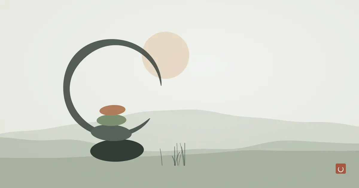 Calm ink wash illustration of stacked stones beside tall grass