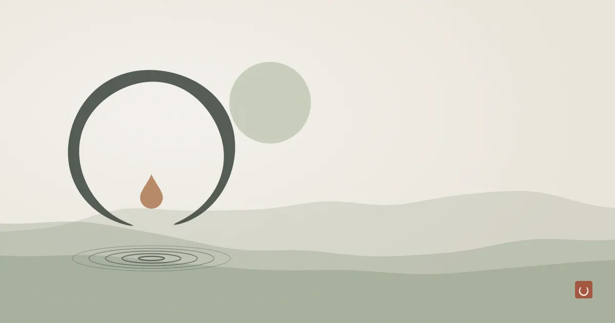 Abstract ink wash illustration of still water with a single smooth pebble, representing calm, gentle cleansing for eczema prone skin